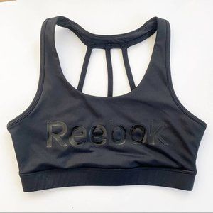 Reebok Strappy Cage Back Sports Bra Rubber Texture Spell Out Logo Black Small